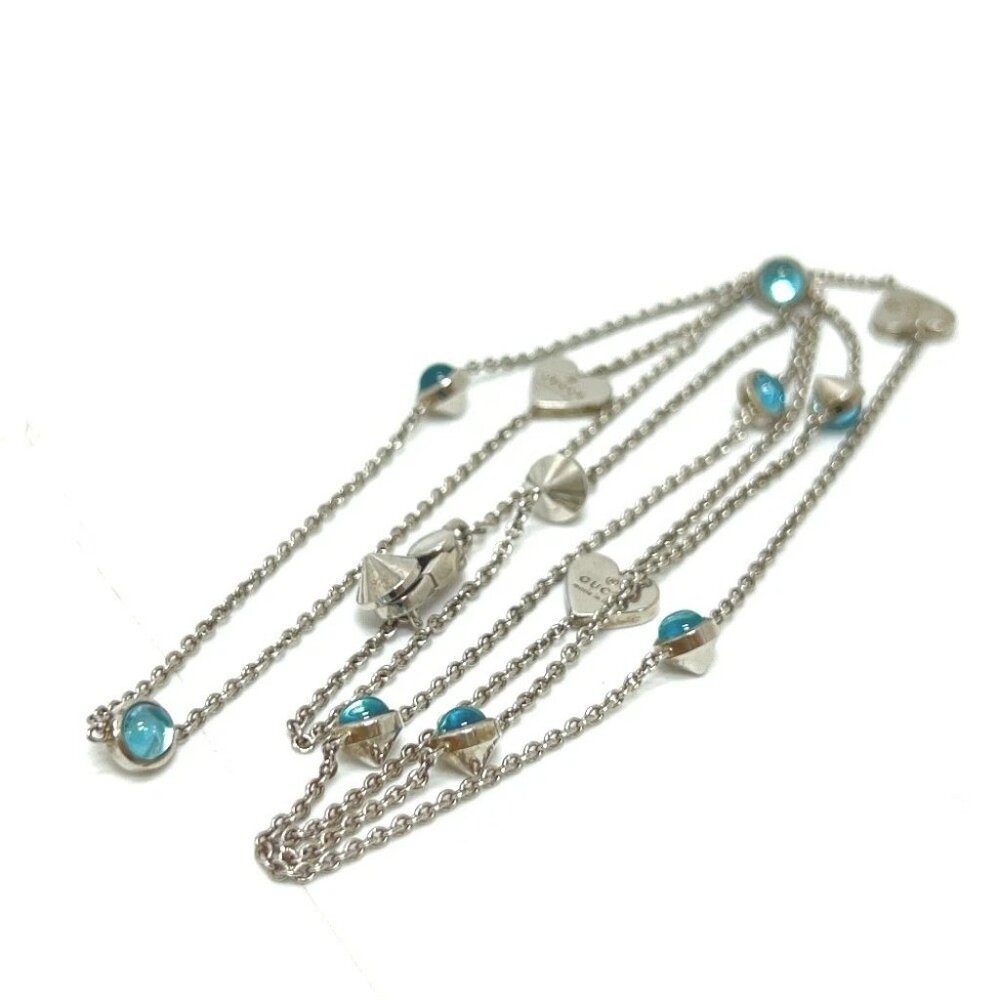GUCCI Blue Topaz Heart chain long Necklace SV925 Silver - Picture 4 of 10
